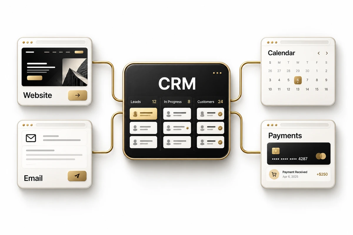 Concept CRM dashboard connected to website, email, calendar and payments with gold accents